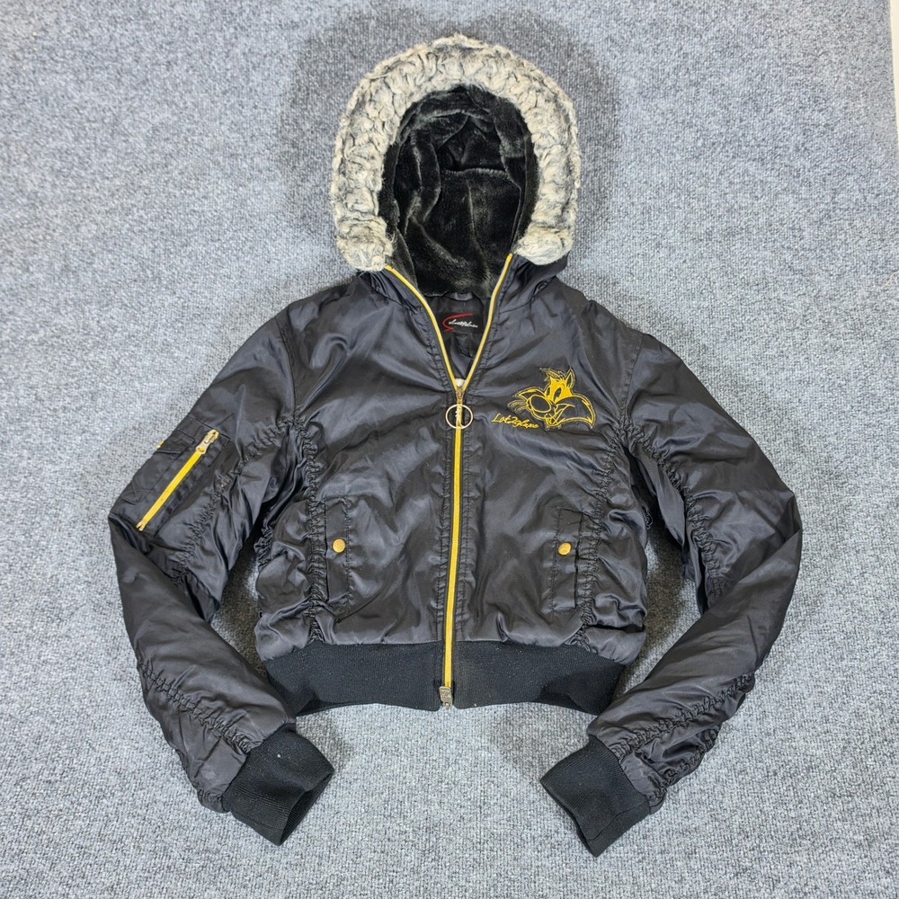 Y2K Lot29 Luxe Tweety Bird Puffer Bomber Jacket Black Gold Faux Fur L Zip FLAWS